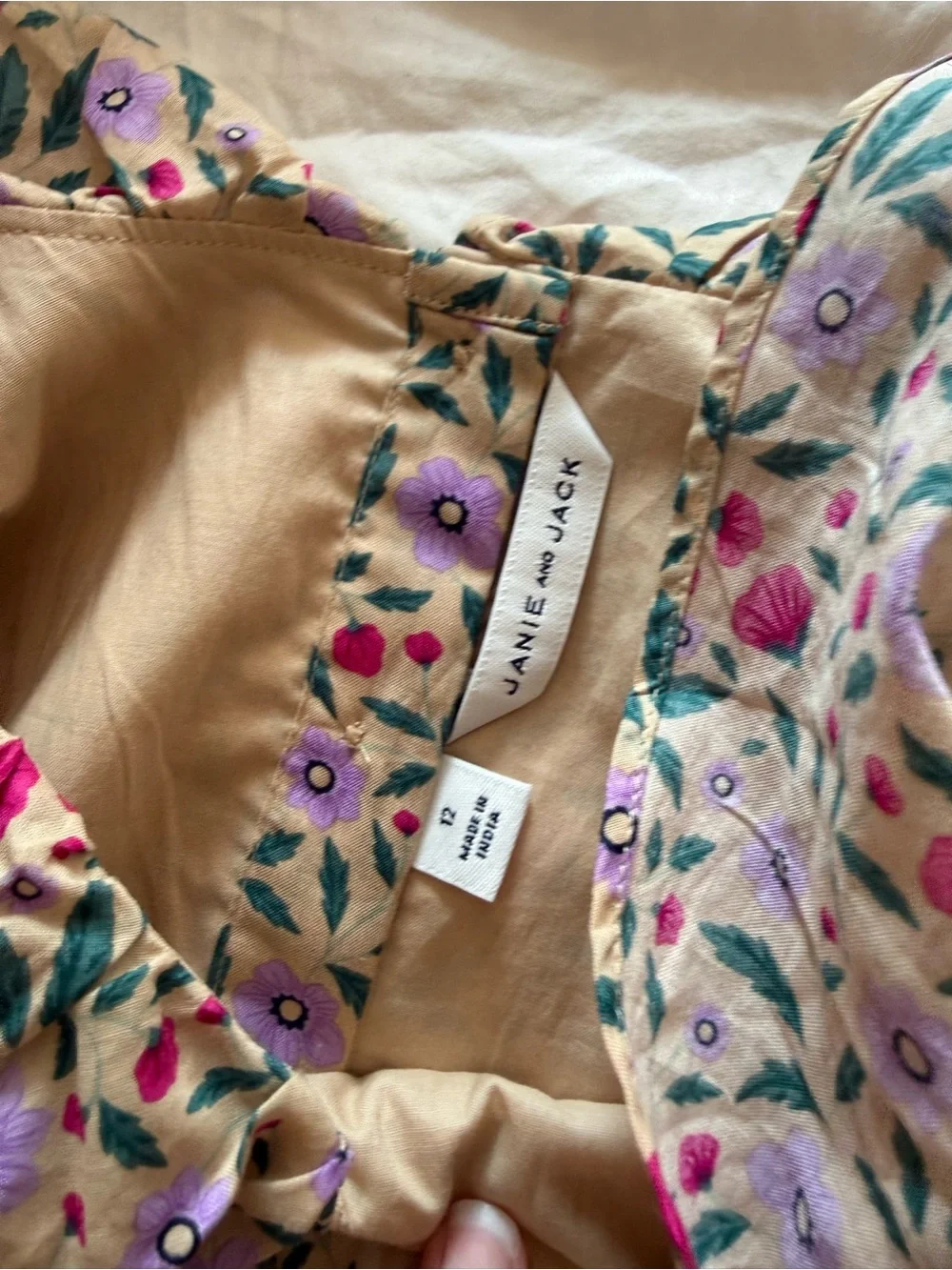 Janie & Jack Girls Floral Ruffle Dress in Beige with Pink & Purple Accents